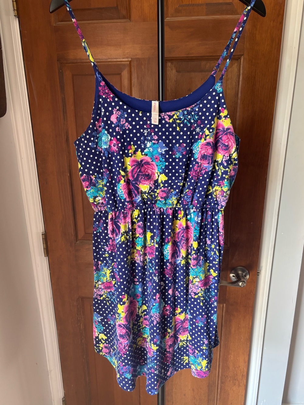 Xhilaration Navy Floral Polka Dot Sundress with Pink Accents Women’s Large